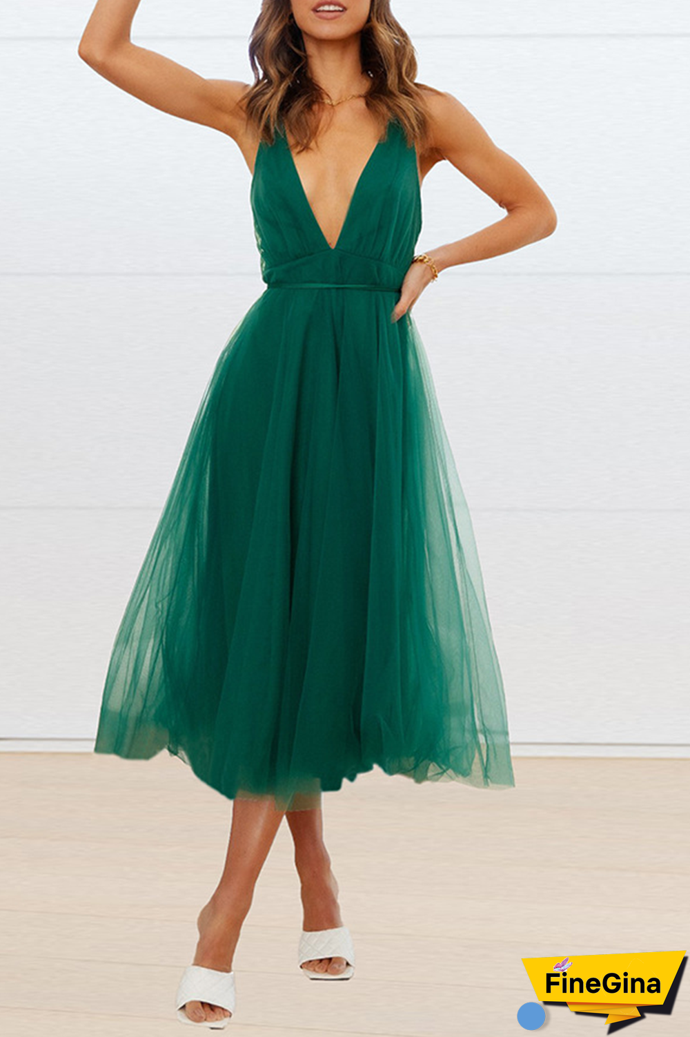 Casual Solid Mesh V Neck Cake Skirt Dresses(4 colors)