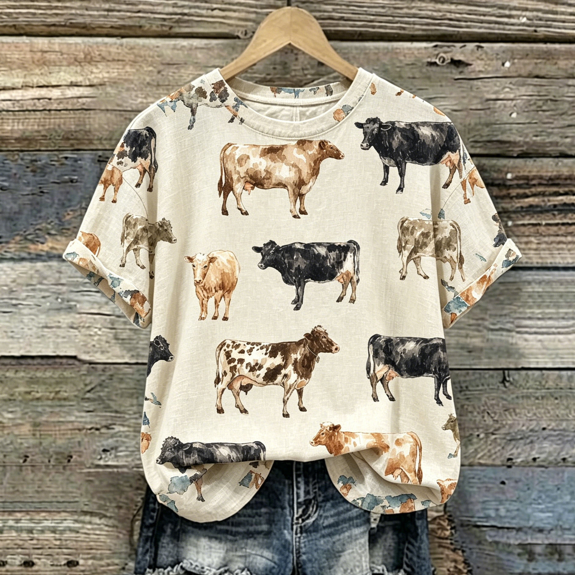 Comstylish Women's Watercolor Cow Pattern Linen Blend Casual Crew Neck Short Sleeve T-shirt