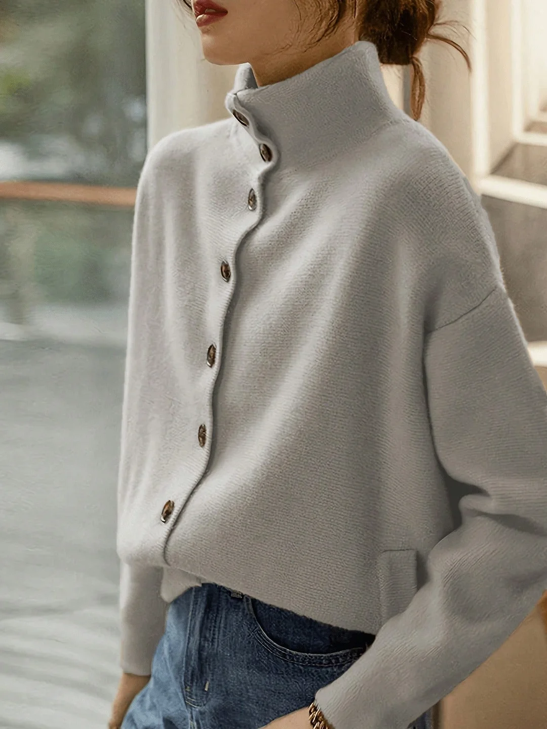 Nigikala Nigikala And Winter Women's Clothing Pure Color Leisure Single Row Buckle Collar Long-Sleeved Knitted Cardigan Women Elegant And Simple