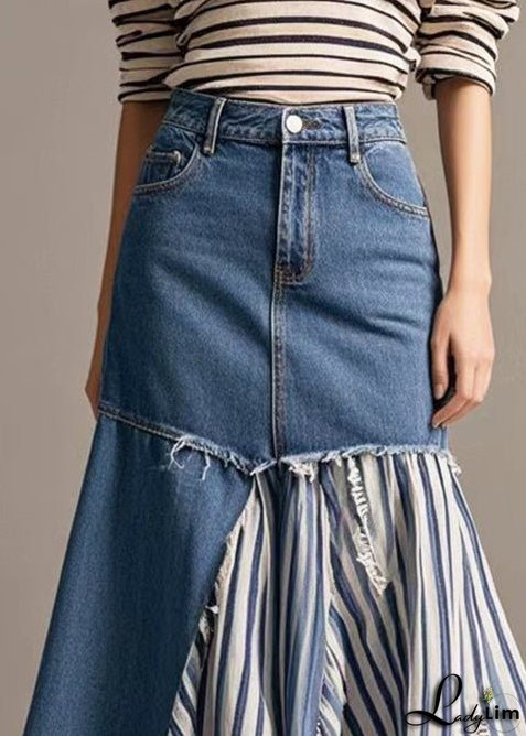 French Navy Asymmetrical Patchwork Striped Denim Skirt Spring