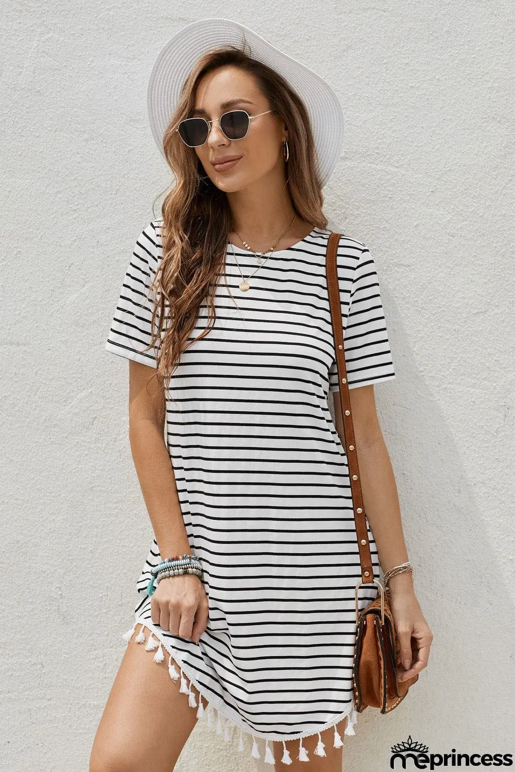 Short Sleeve Crew Neck White Striped T-shirt Mini Dress with Tassel