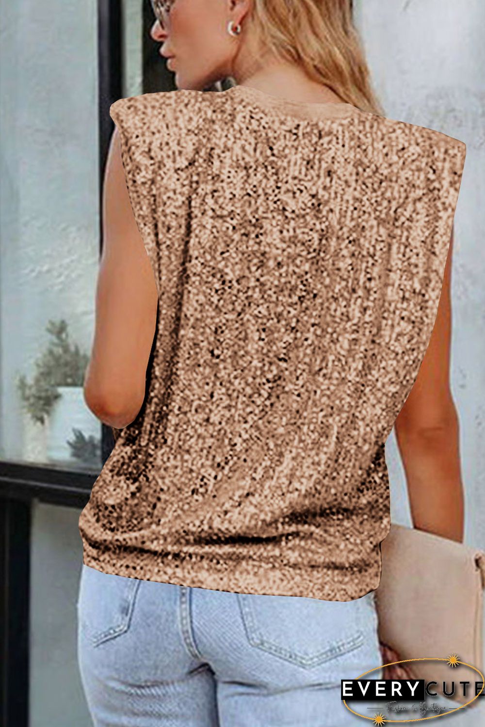 Apricot-2 Sequin Round Neck Tank Top