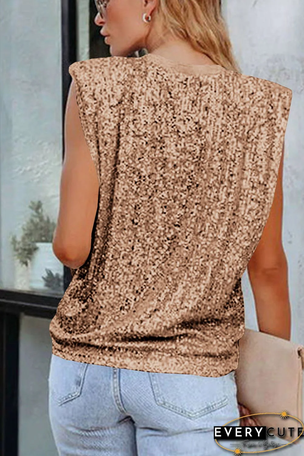 Apricot-2 Sequin Round Neck Tank Top