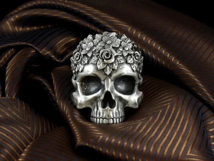 Handmade Skull Silver Ring With Roses