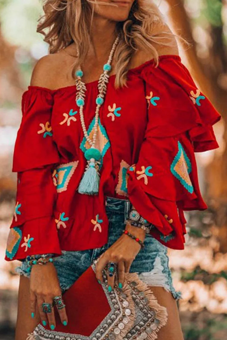 Bohemian College Geometric Patchwork Off the Shoulder Blouses