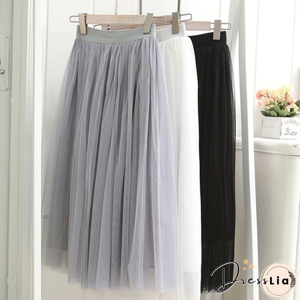Three-Layer Fashion Tulle Skirts Women Summer Elastic High Waist Long Mesh Skirt Maxi Pleated Skirt