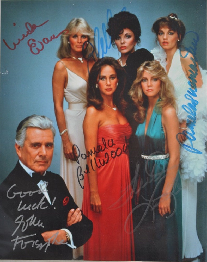 DYNASTY cast x6 John Forsythe, Joan Collins, Linda Evans, Pamela Bellwood, Heather Locklear, Pamela Sue Martin 8x10 wCOA