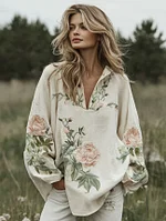 Women's Retro Pink Floral Pattern Linen V-neck Shirt