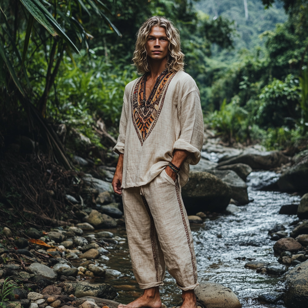 Men's Bohemian Holiday Style Vintage Ethnic Totem Print Cotton And Linen Casual Pants-inspireuse