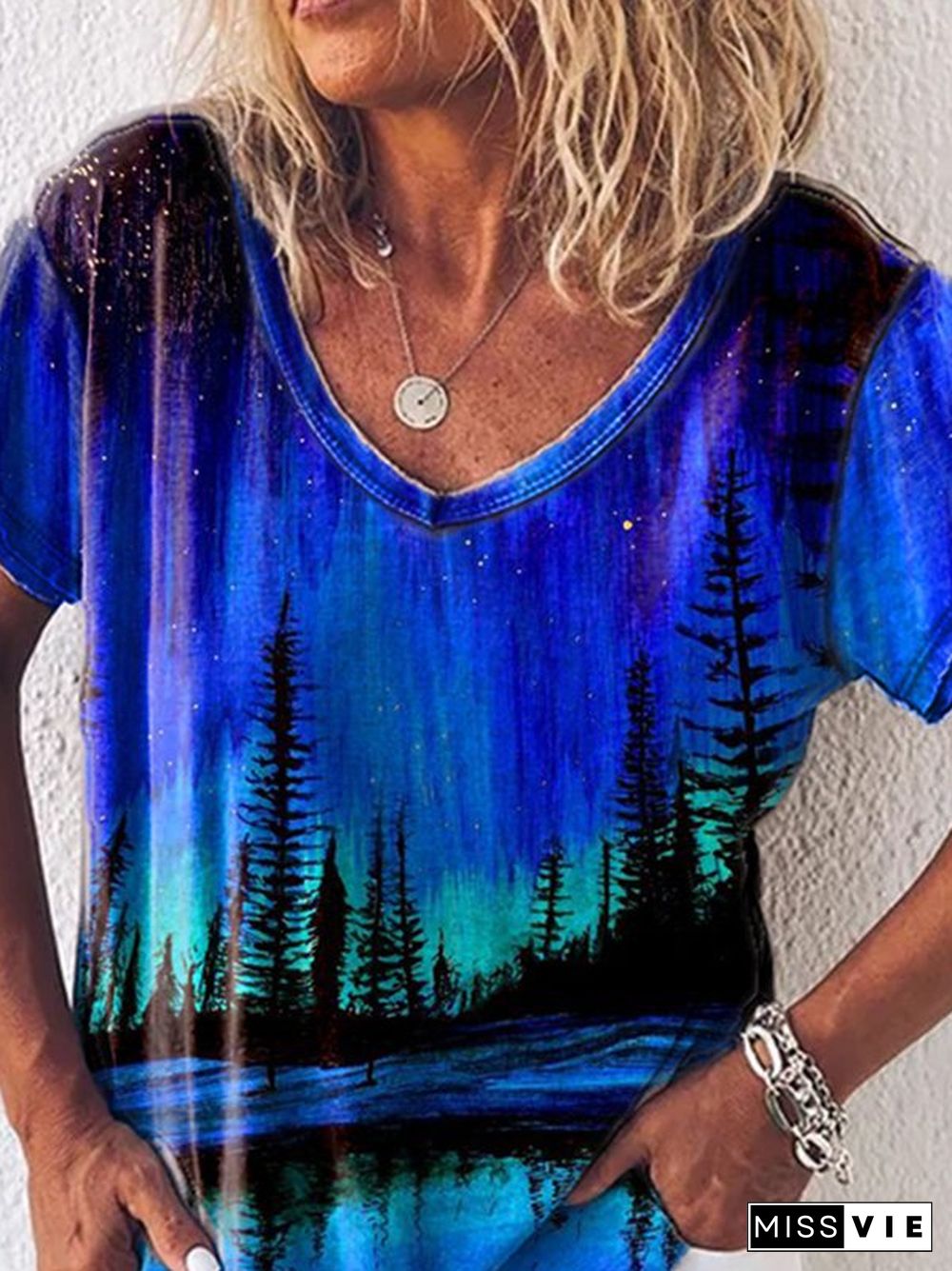 Short Sleeve V Neck Landscape Print Casual T-shirt