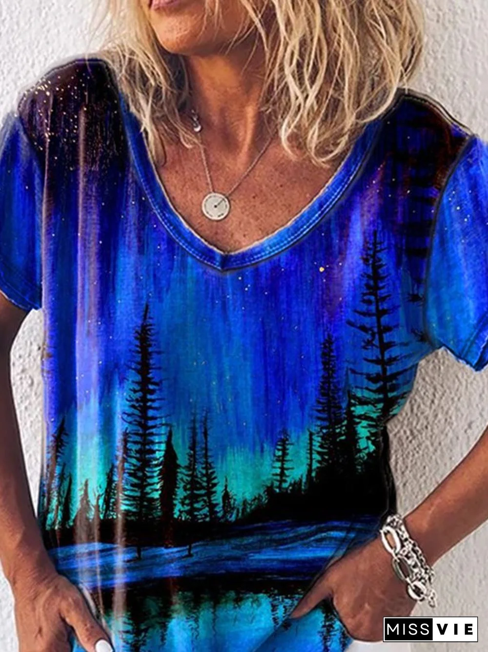 Short Sleeve V Neck Landscape Print Casual T-shirt