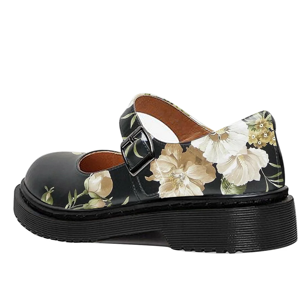 Black Vegan Leather Round Toe Colorful Floral Printed Mary Janes 