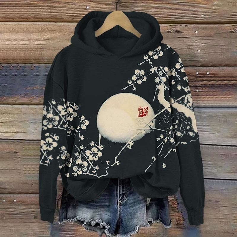 Vintage Plum Blossom & Moon Japanese Lino Art Print Hoodie artswardrobe