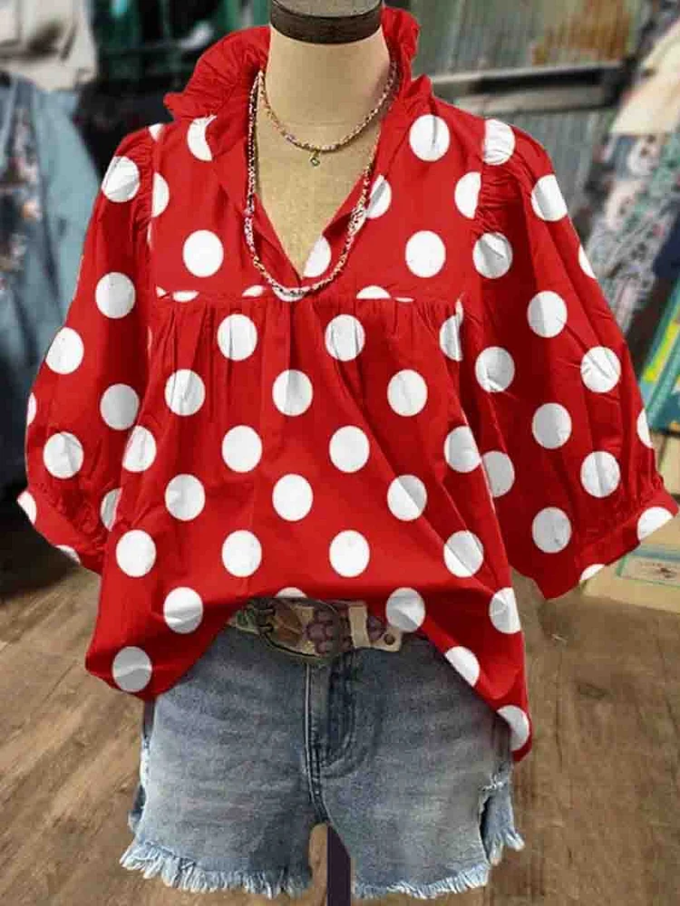 Women's Classic Polka Dots Print Casual Comfortable Cotton Shirt