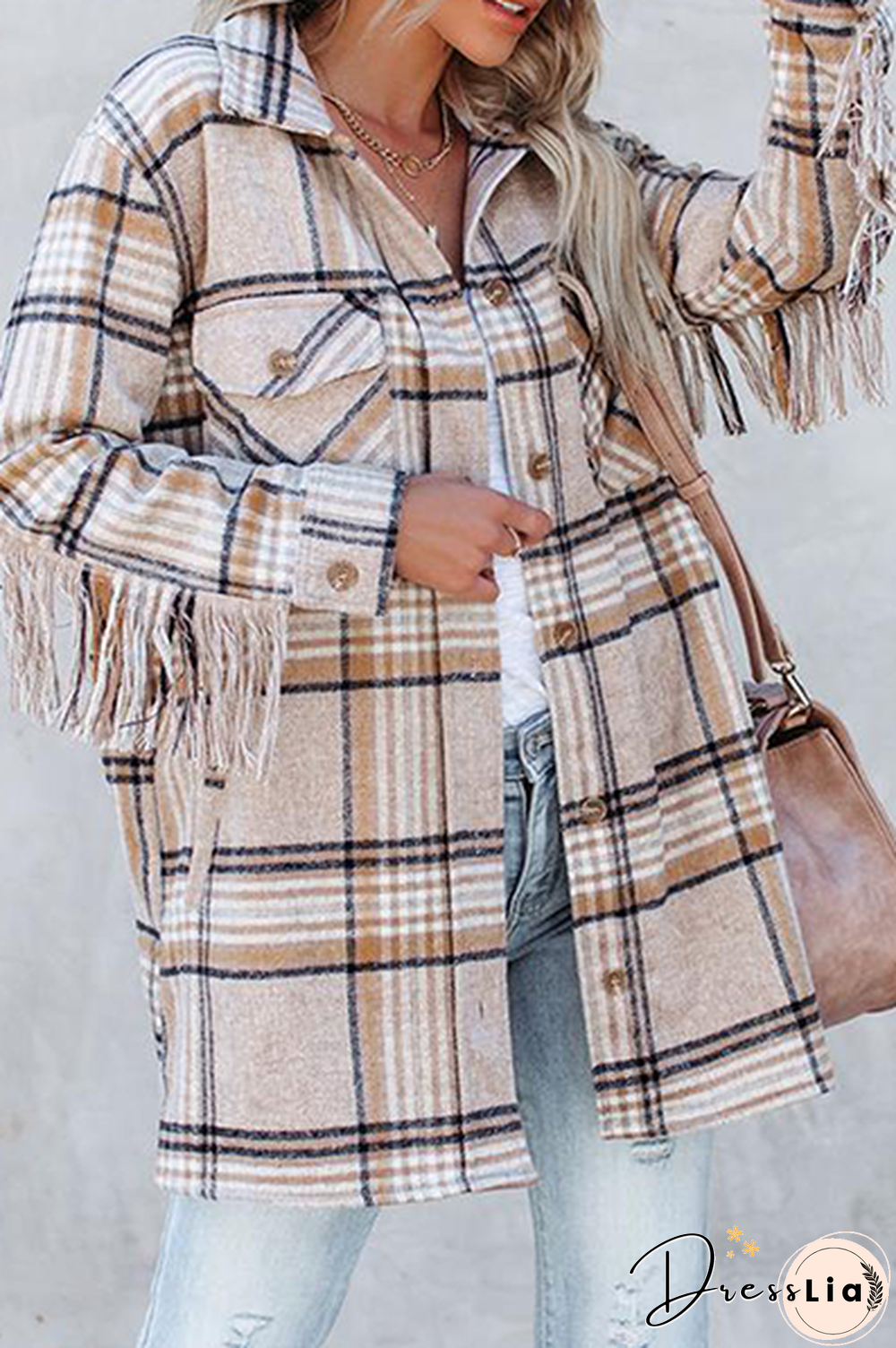 Casual Plaid Tassel Buckle Turndown Collar Outerwear