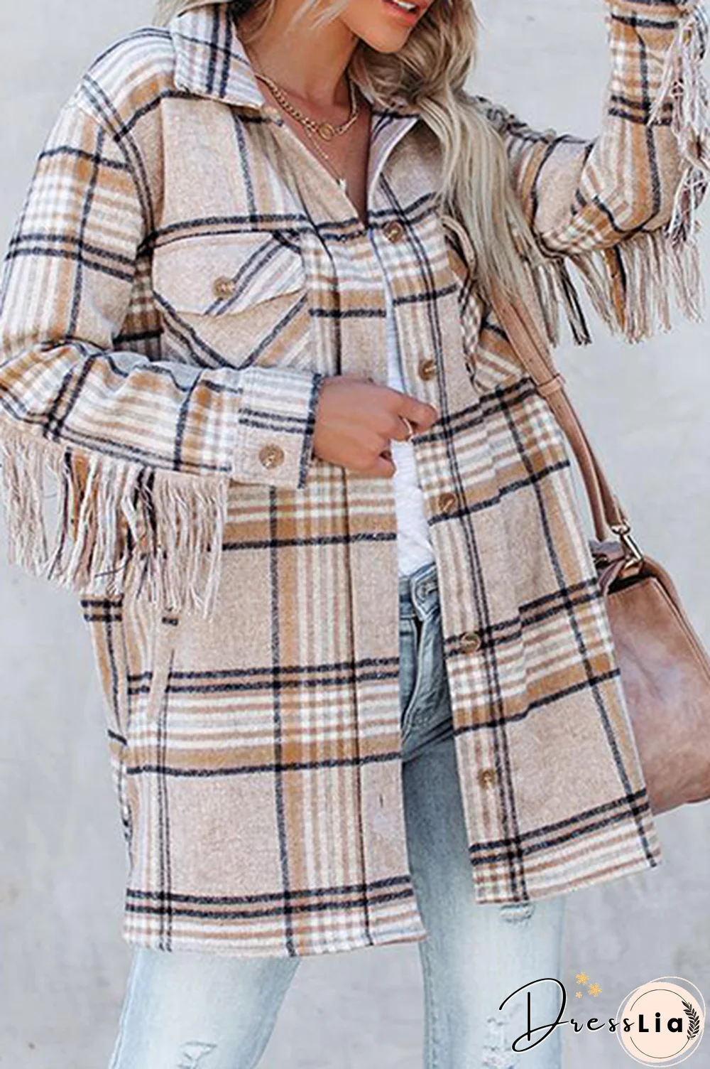 Casual Plaid Tassel Buckle Turndown Collar Outerwear