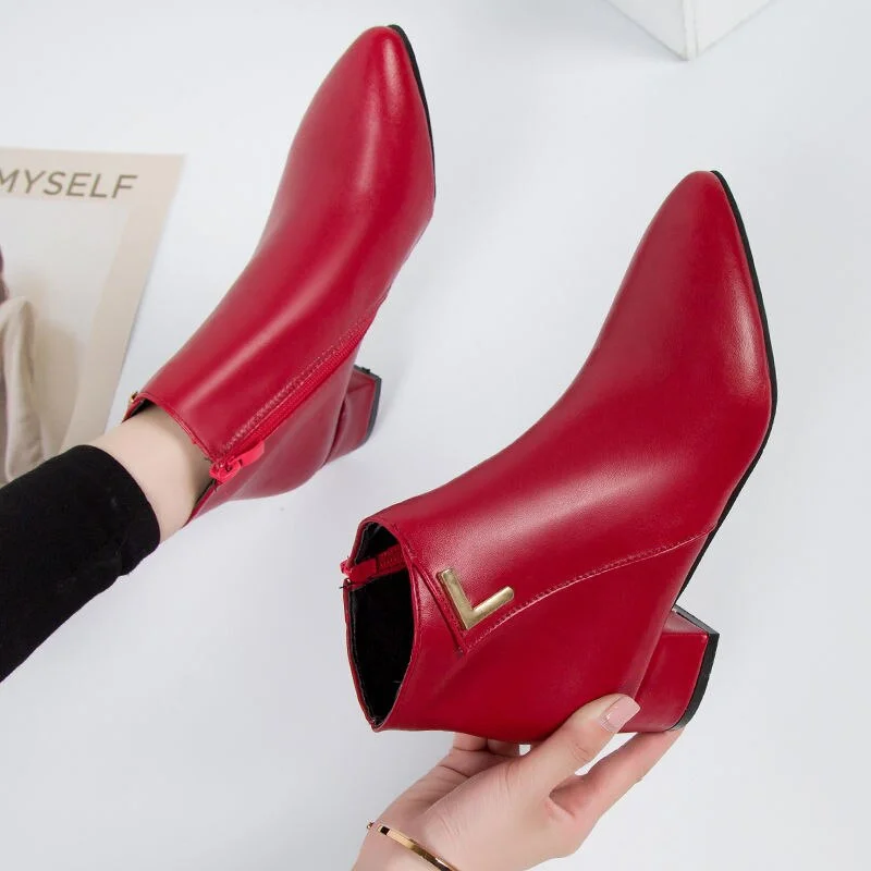 Fashion Women Boots Casual Leather Low High Heels Spring Shoes Woman Pointed Toe Rubber Ankle Boots Black Red Zapatos Mujer785