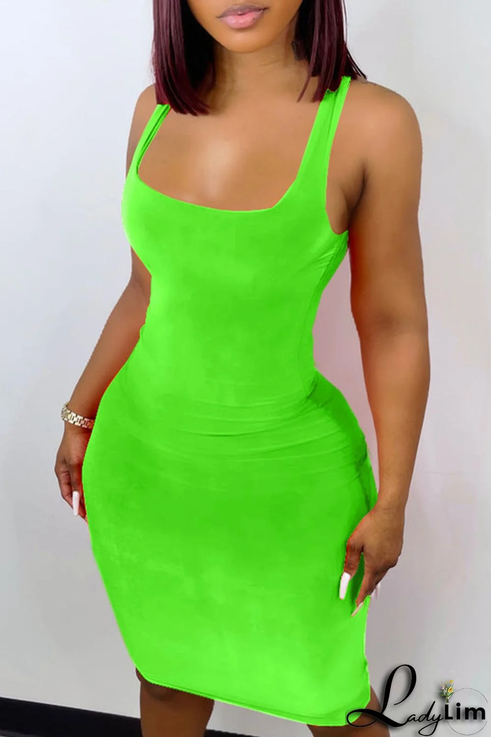 Fluorescent Green Sexy Casual Solid Basic Square Collar Vest Dress