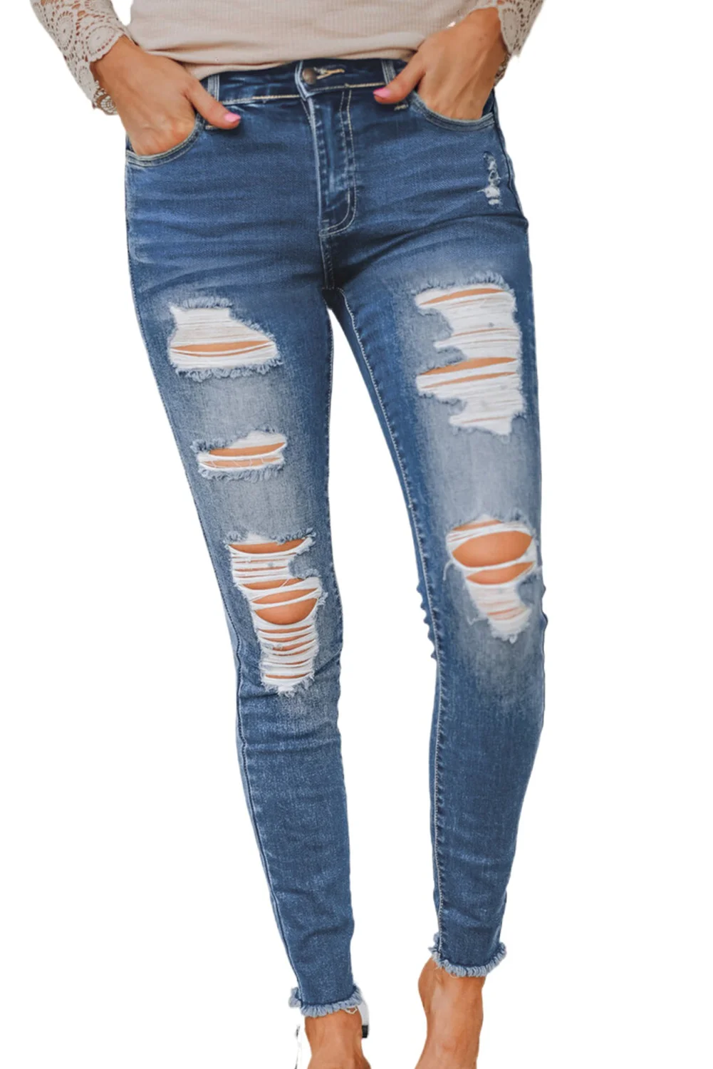 Blue Skinny Raw Hem Distressed High Waist Jeans