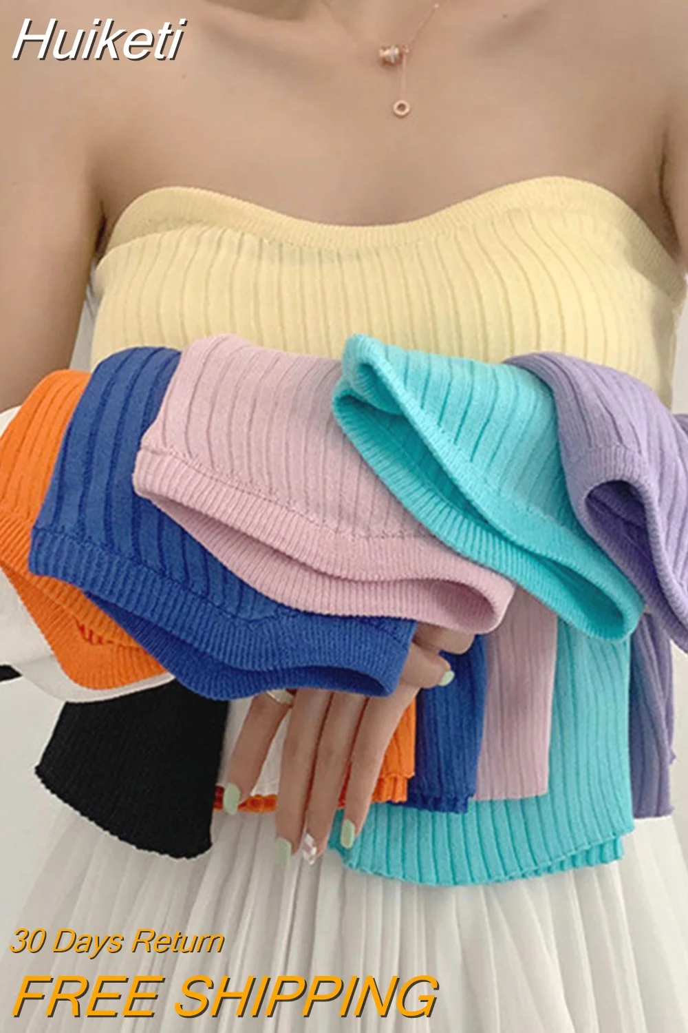 Huiketi Knitted Women Tanks Pullover Summer High Elastic Crop Top Fashion Pullover Solid Color Cute White Female Corset Top New