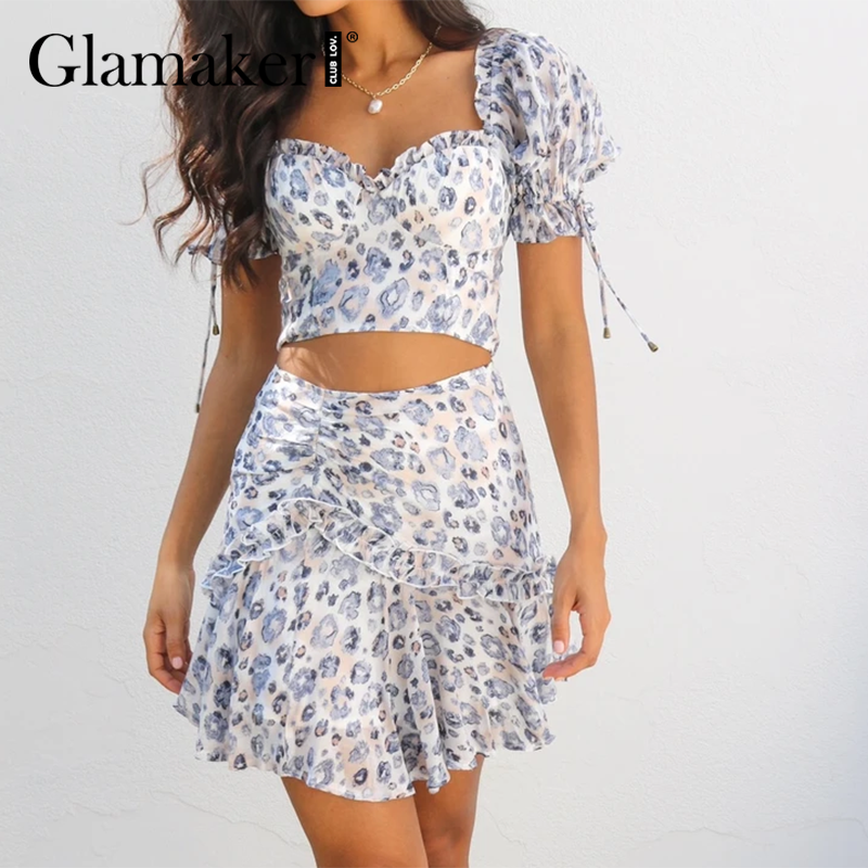 Glamaker Floral printed vintage 2 piece suits Women puff sleeve ruffles top and slim skirts Fashion summer A-line dress 2021 new