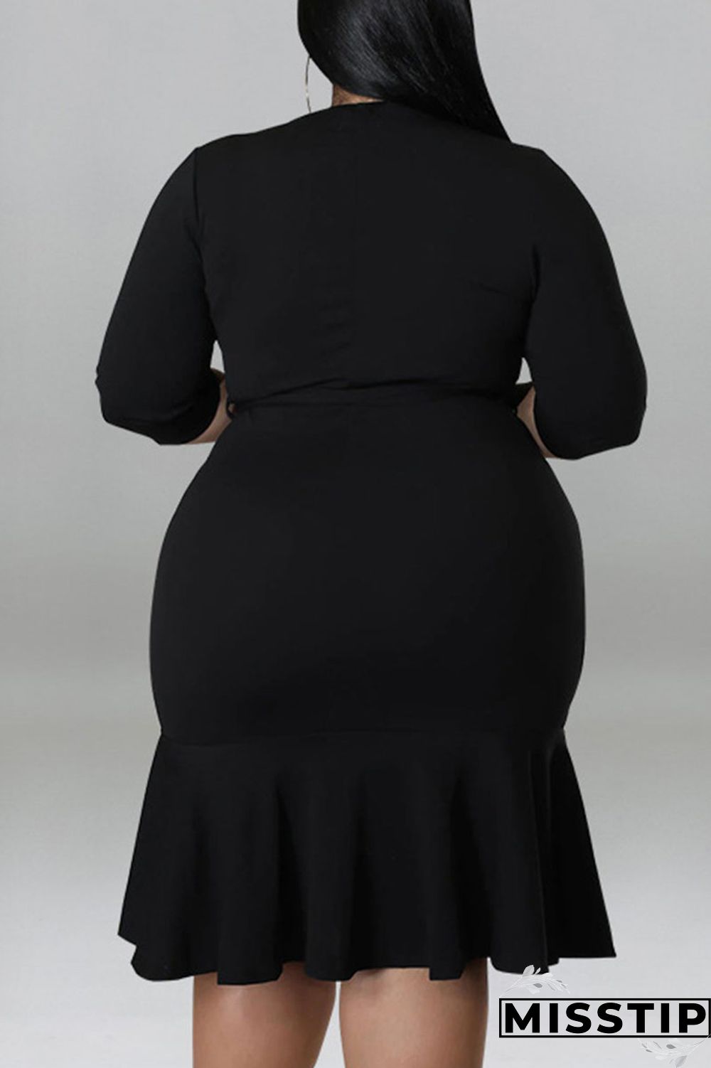 Black Casual Solid Bandage Patchwork Flounce V Neck Straight Plus Size Dresses