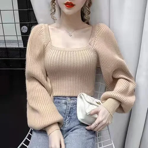 Athvotar Autumn Winter New Korean Slim Lantern Sleeve Fashion Elegant Lazy Wind Sweater Square Collar Design Sweater Women