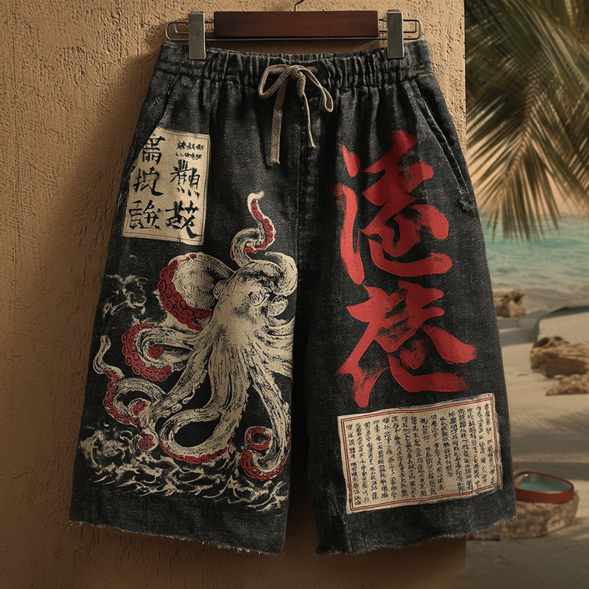Men's Retro Japanese Octopus Calligraphy Art Pattern Linen Casual Shorts elevenforest