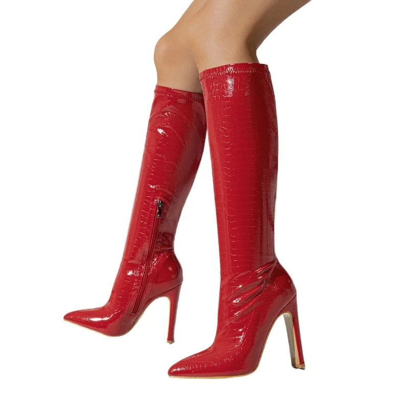 Yyvonne New Coarse Heel Medium Cylinder Elastic Inner Zipper Diamond Irregular Fashion Stone-Print Pointed Female Boots