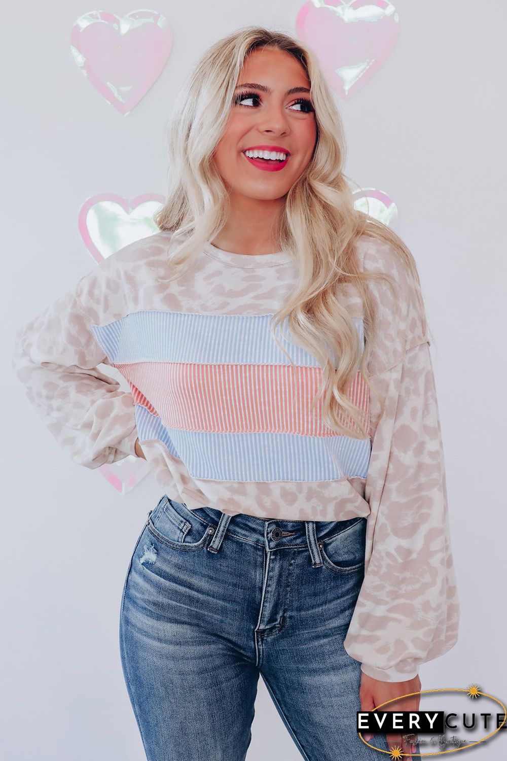 Leopard Animal Print Contrast Stripes Patchwork Puff Sleeve Knit Top