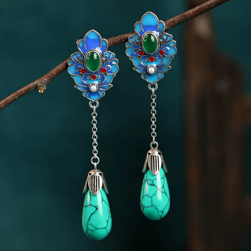 Retro Turquoise Stone Protection Love Drop Dangle Earrings