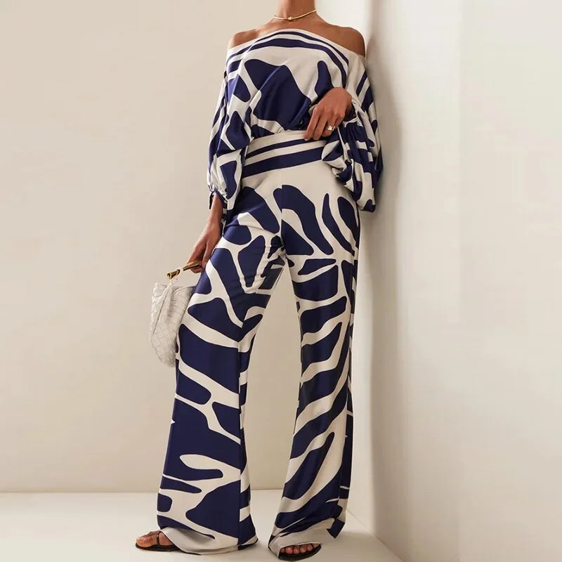 Brownm Brownm New Women's Loose Bat Sleeve Top Long Sleeve Wide Leg Pants Fashion Suit Two-Piece Set