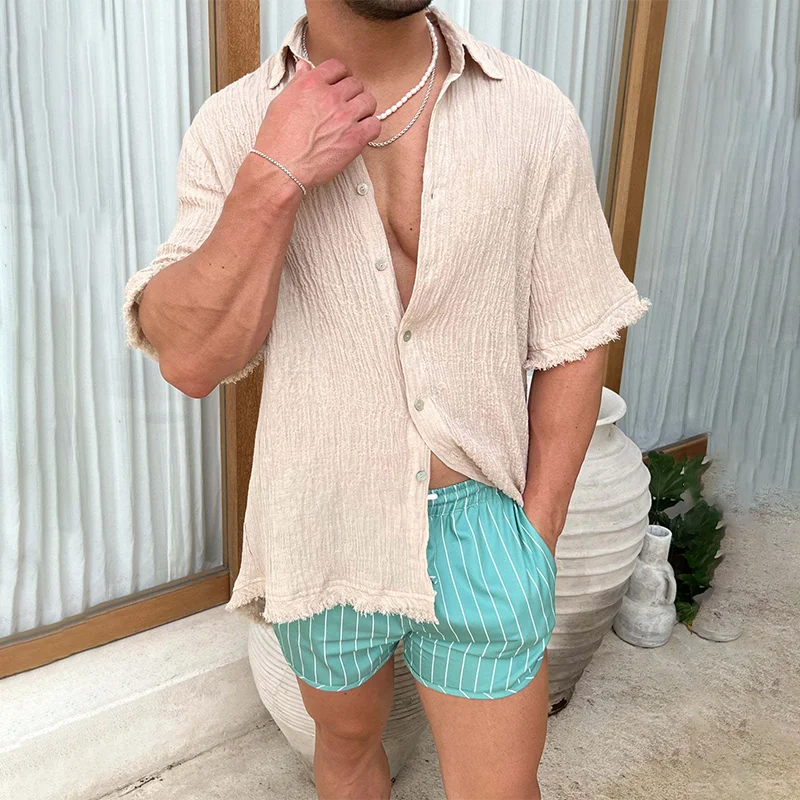 2026 Men's Cotton-Linen Shirt &mdash; Short Sleeve, Casual, Loose-Fit, Solid Color, Trendy, Turn-Down Collar, Button-Down Shir-INSPIREUSE