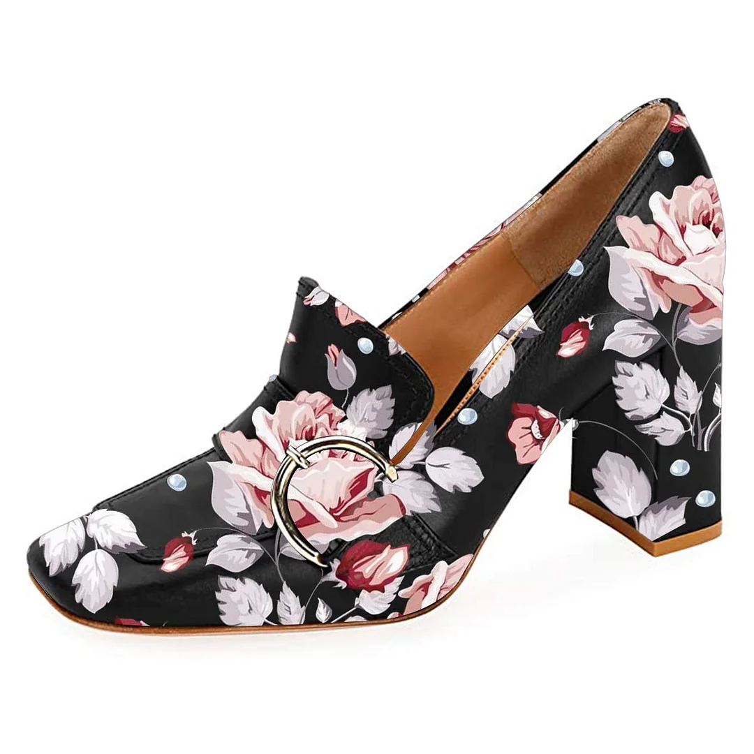 Chic Flower Print Vegan Leather Square Toe Buckle Loafer Heels
