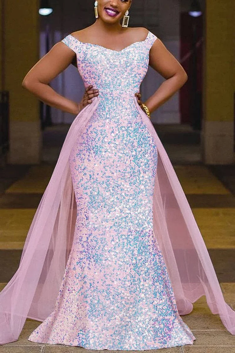 Plus Size Pink Formal Off Shoulder Tulle Sequin Mermaid Sweep Overlay Skirt Maxi Dresses [Pre-Order]