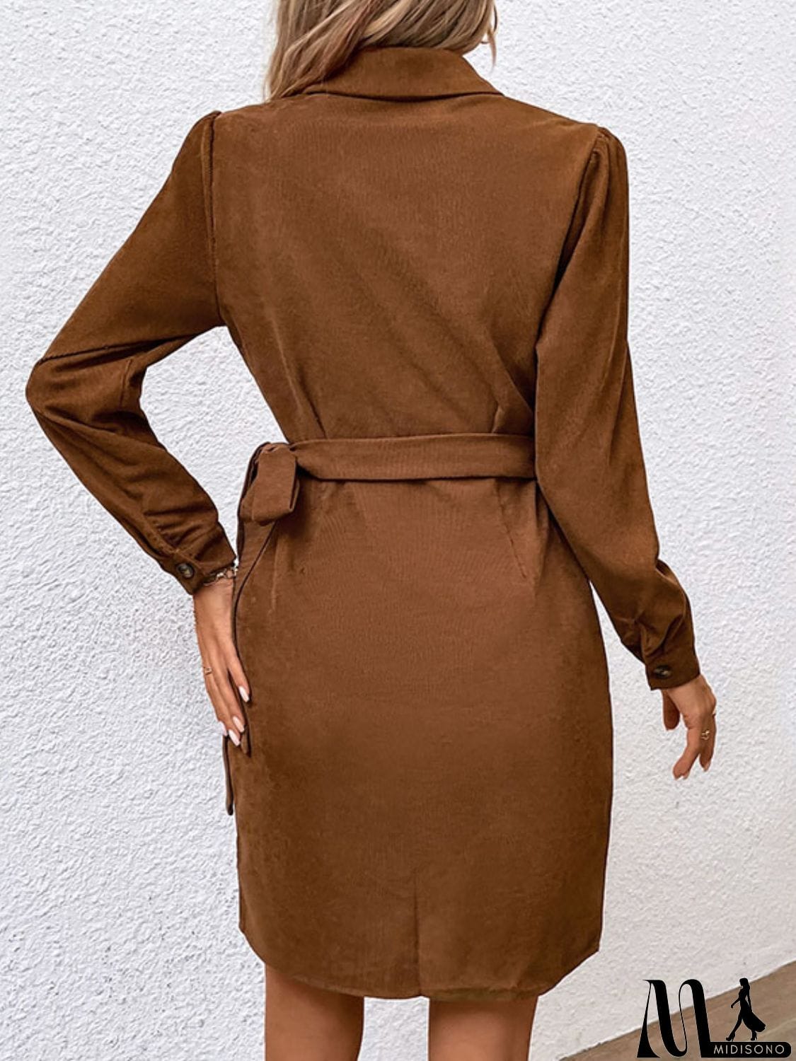 MidiSono - Button-Down Collared Neck Long Sleeve Side Tie Dress