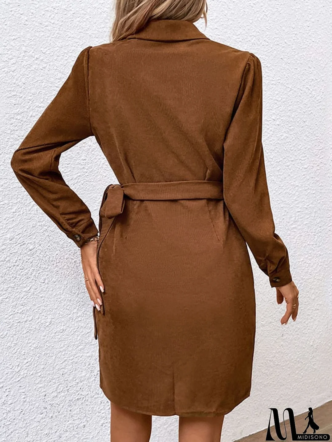 MidiSono - Button-Down Collared Neck Long Sleeve Side Tie Dress