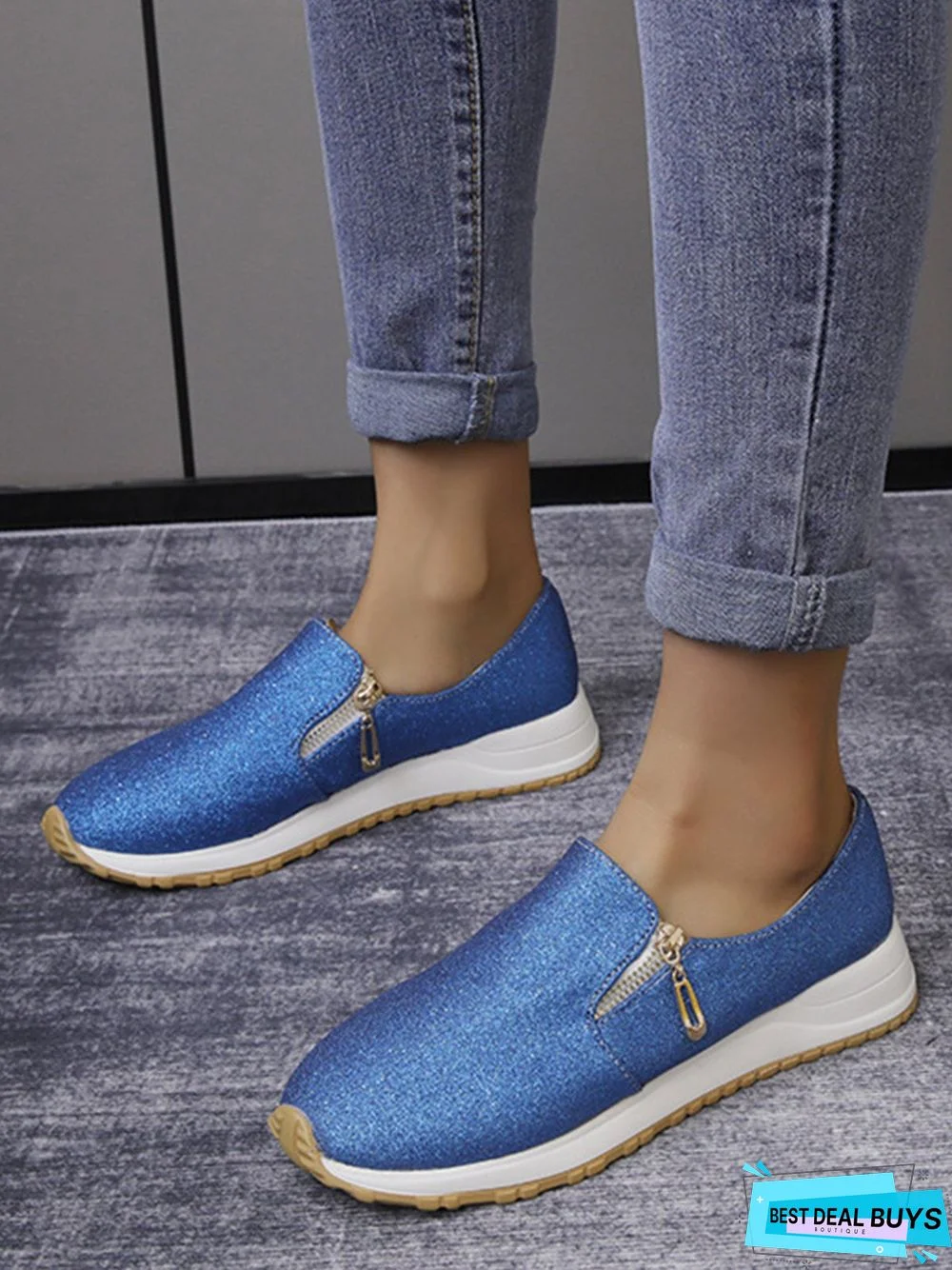 Lightweight Soft Sole Zip Glitter Casual Sneakers
