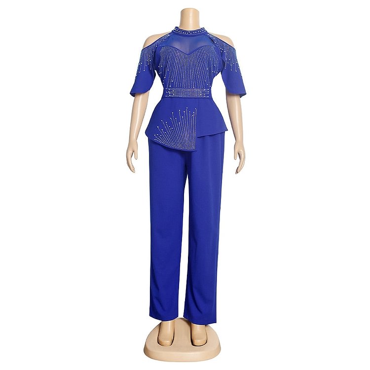 African Americans fashion QFY Plus Size African Two Pieces Set For Women Traditional Ankara Dashiki Crystal Tops Trouser Suit Wedding Party Evening Outfit Ankara Style QueenFunky