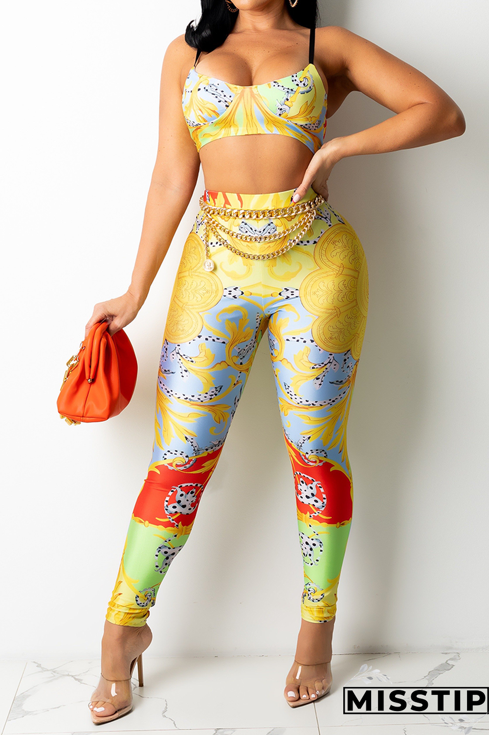 Blue Sexy Print Patchwork Spaghetti Strap Sleeveless Two Pieces