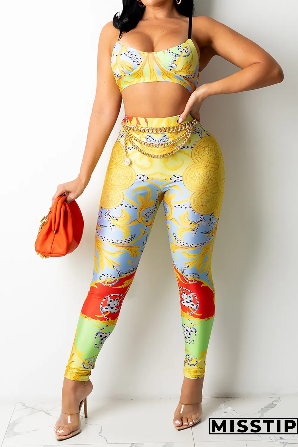 Blue Sexy Print Patchwork Spaghetti Strap Sleeveless Two Pieces