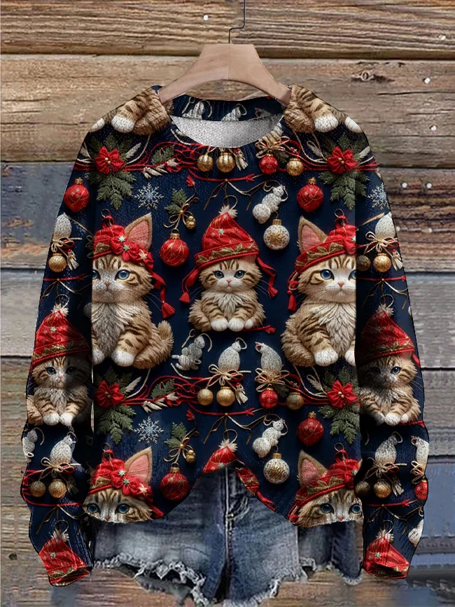 Christmas Cute Cat Round Neck Knitted Sweatshirt