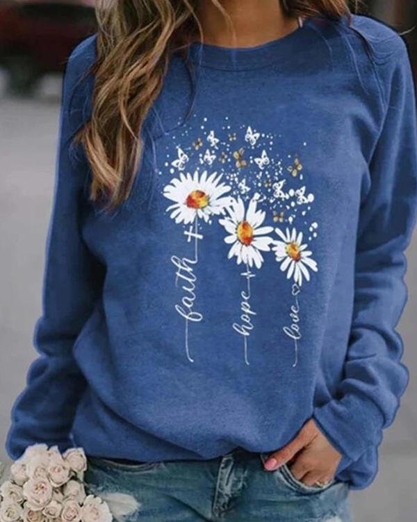 Women Floral Print Casual Round Neckline Sweatshirts