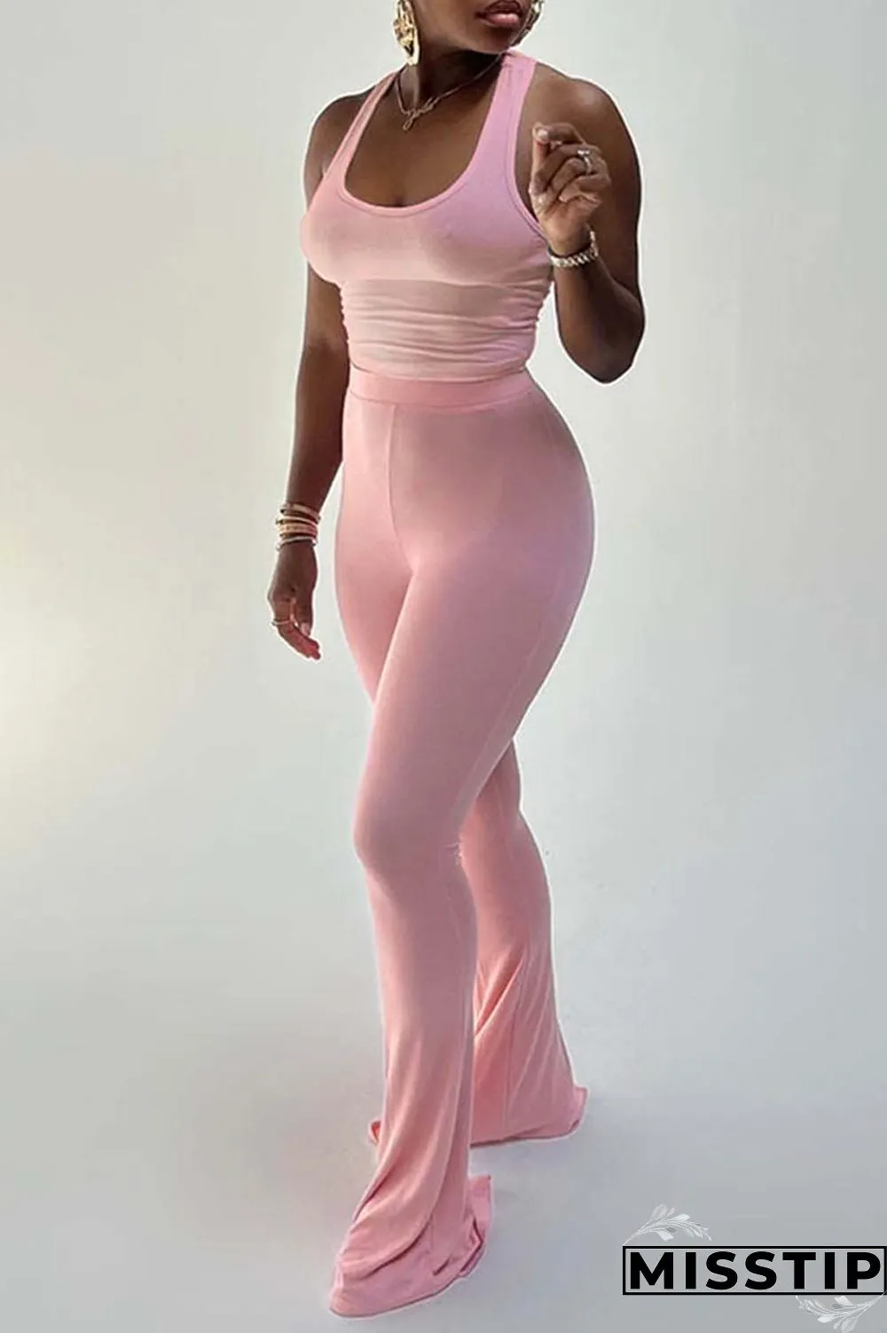 Pink Casual Solid Vests Pants U Neck Sleeveless Two Pieces