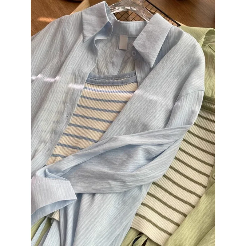 Uveng Uveng Collar Long-Sleeved Open Shirt With Thin Sunscreen Women 2025 Spring And Summer New Loose Blue Shirt Coat