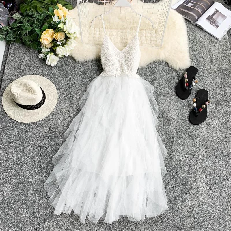 FTLZZ New Women Tulle Dress Summer Mesh Dress Summer High Waist Hem Asymmetrical Pleated Fairy Dress Female Slim Dresses