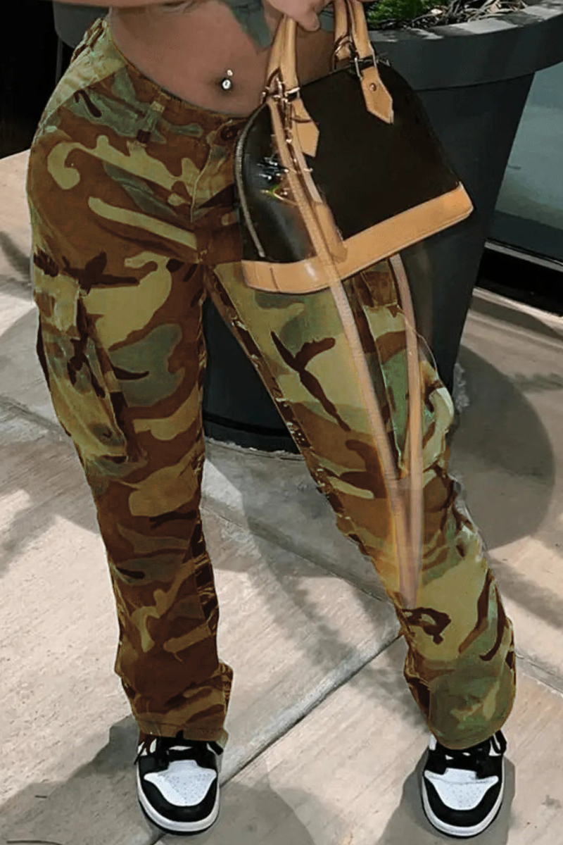Plus Size Casual Camouflage Print Pocket Design Cargo Pants