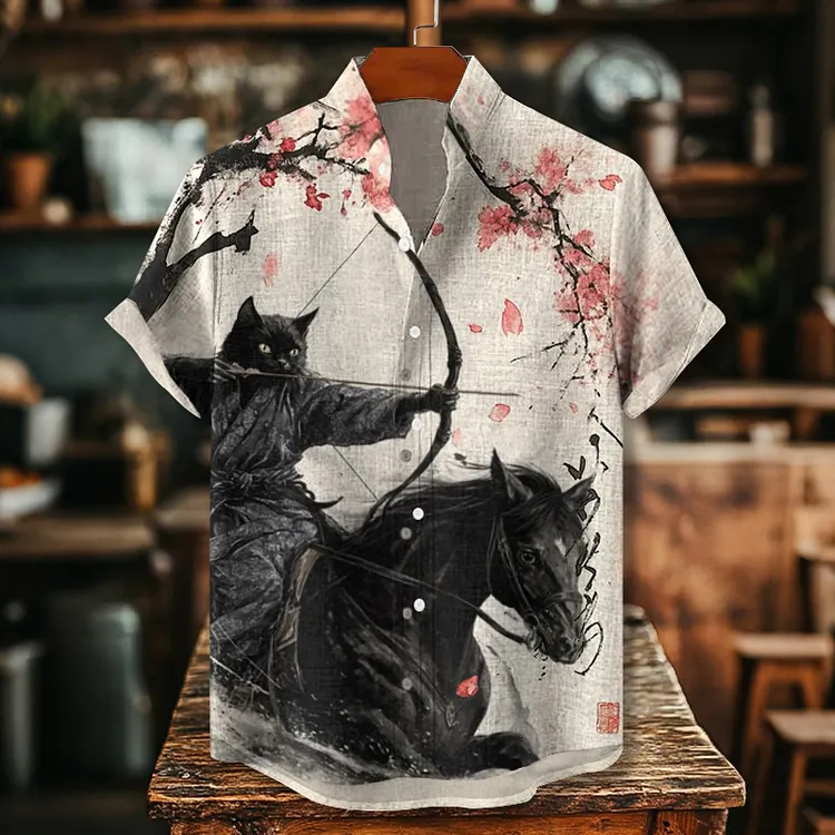 Vintage Black Cat Samurai Cherry Blossoms Art Print Casual Cotton Shirt