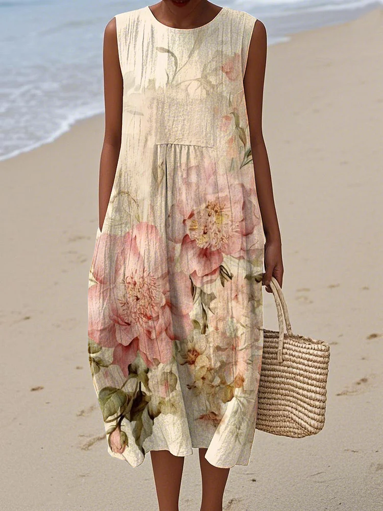 Women's Vintage Floral Print Cotton and Linen Dress