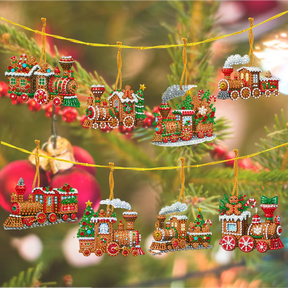 8Pcs DIY Christmas Train Acrylic Special Shaped Christmas Theme Diamond Painting Hanging Decorations